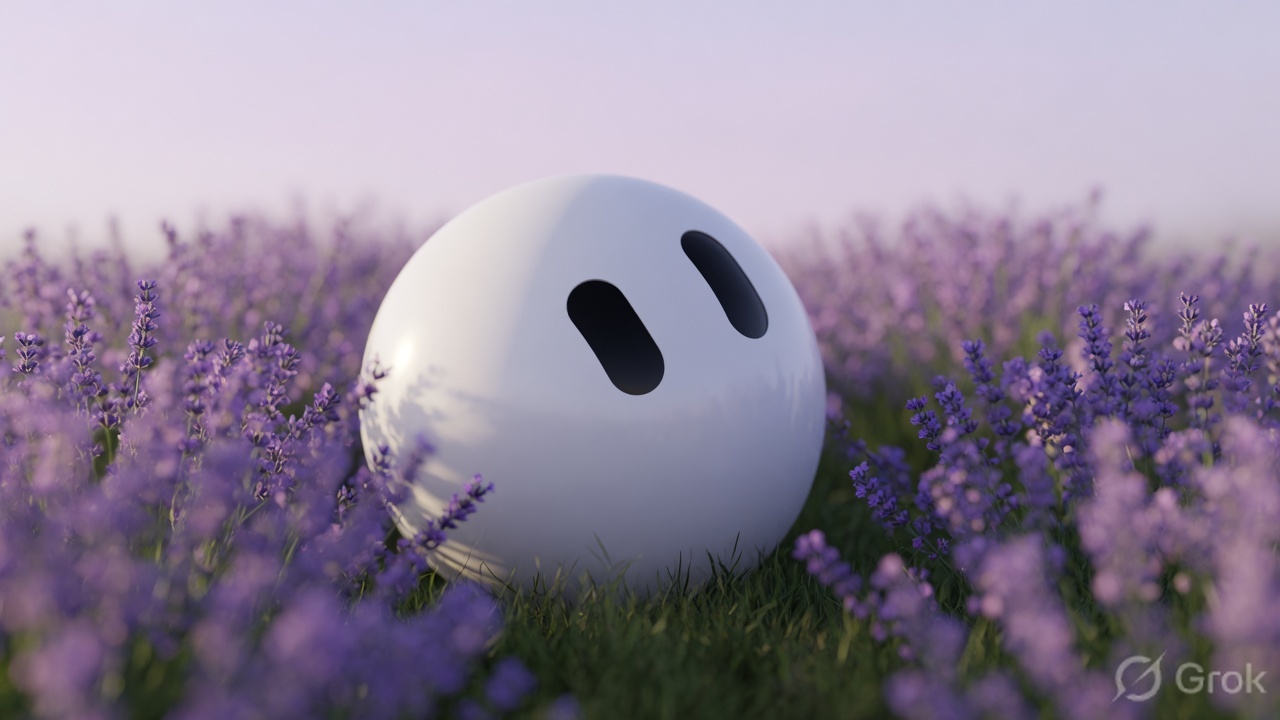 Grok Bot sitting in a field of lavender